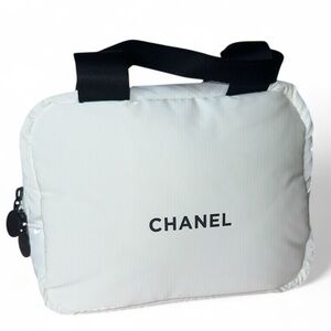 CHANEL White Puffer Cosmetic Mini Bag Tote with Black Handles